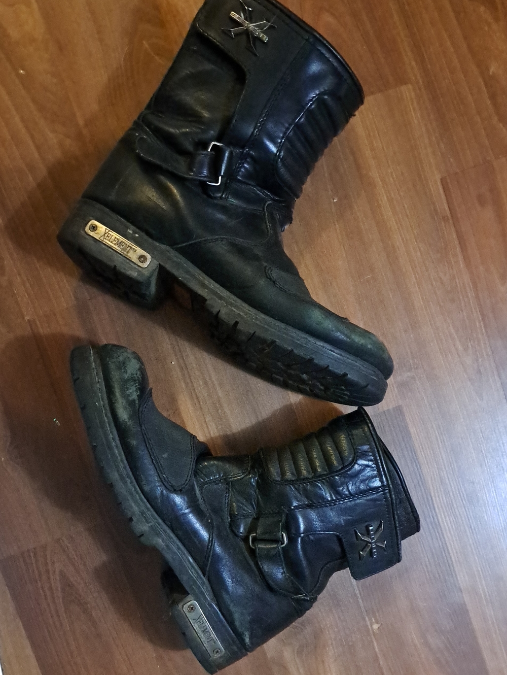 Black Leather Biker Boots with Buckle & Metal Plate.  Steel Toe